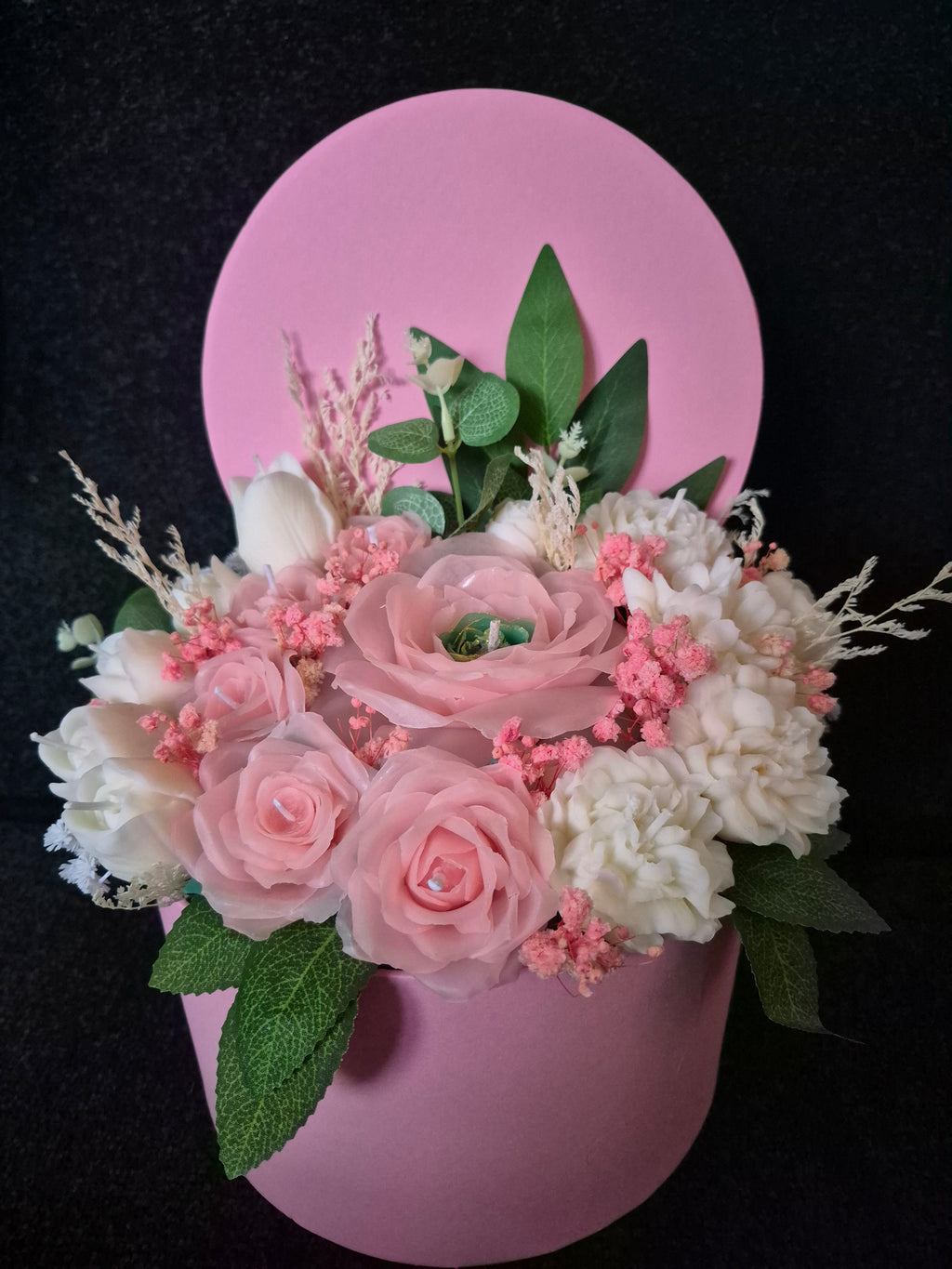 Luxury Pink Candle Bouquet in Hat Box – Handmade Gift