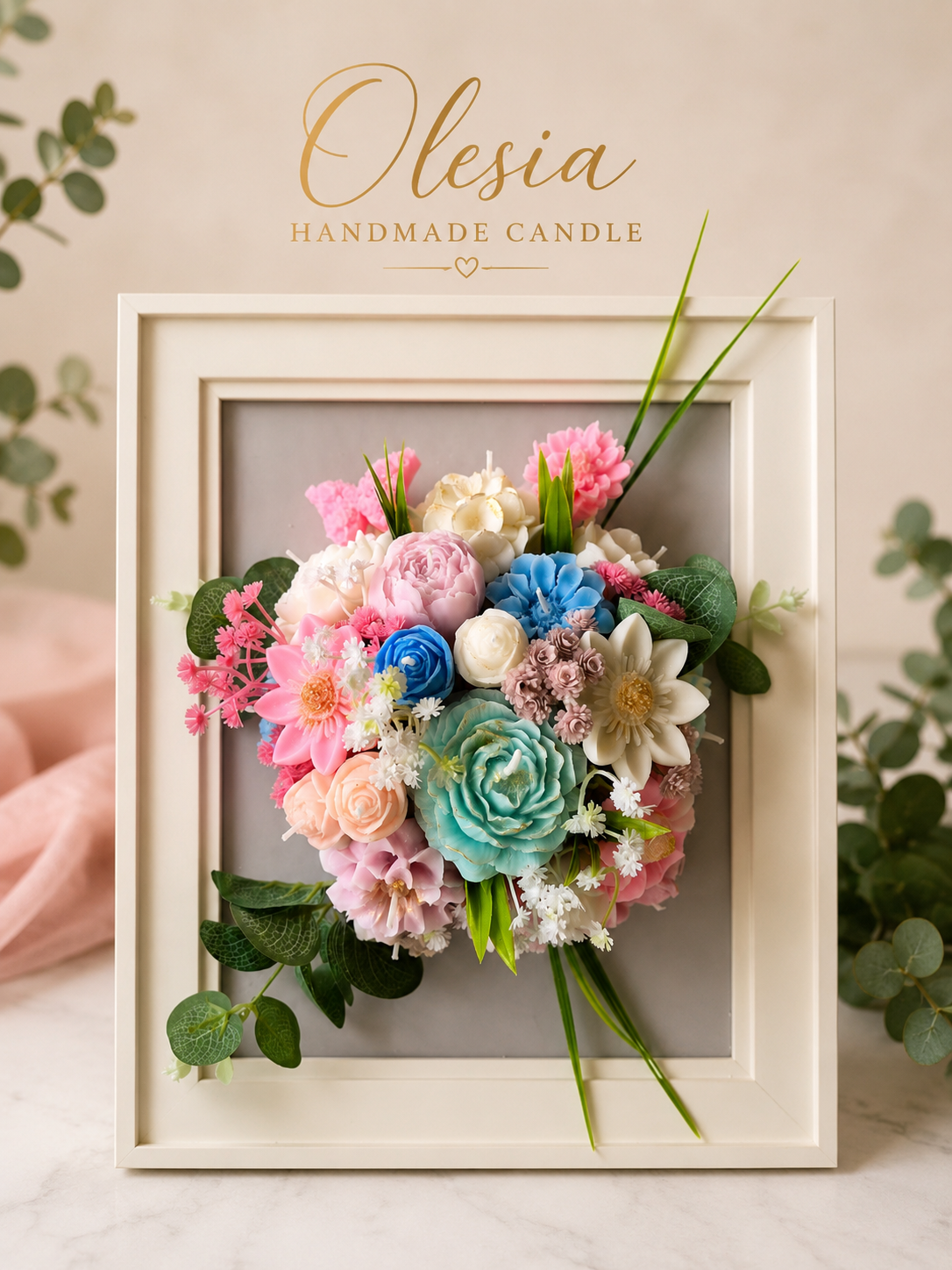 Handmade Flower Candle Bouquet in Frame | Luxury Soy Wax Floral