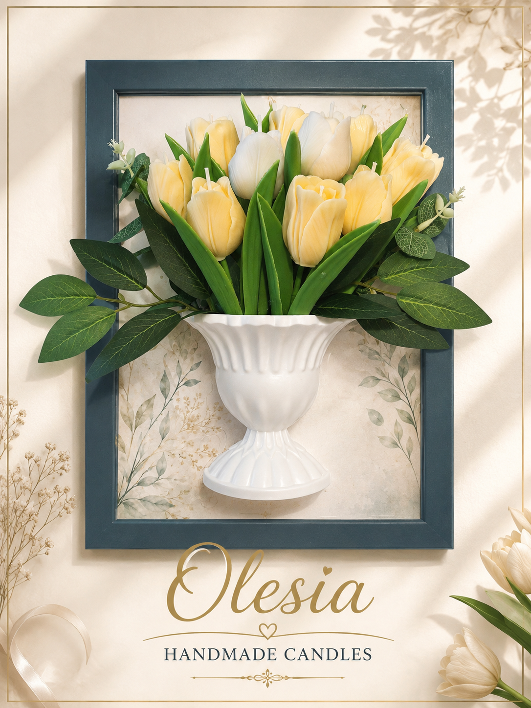 Luxury Tulip Candle Arrangement in Decorative Frame