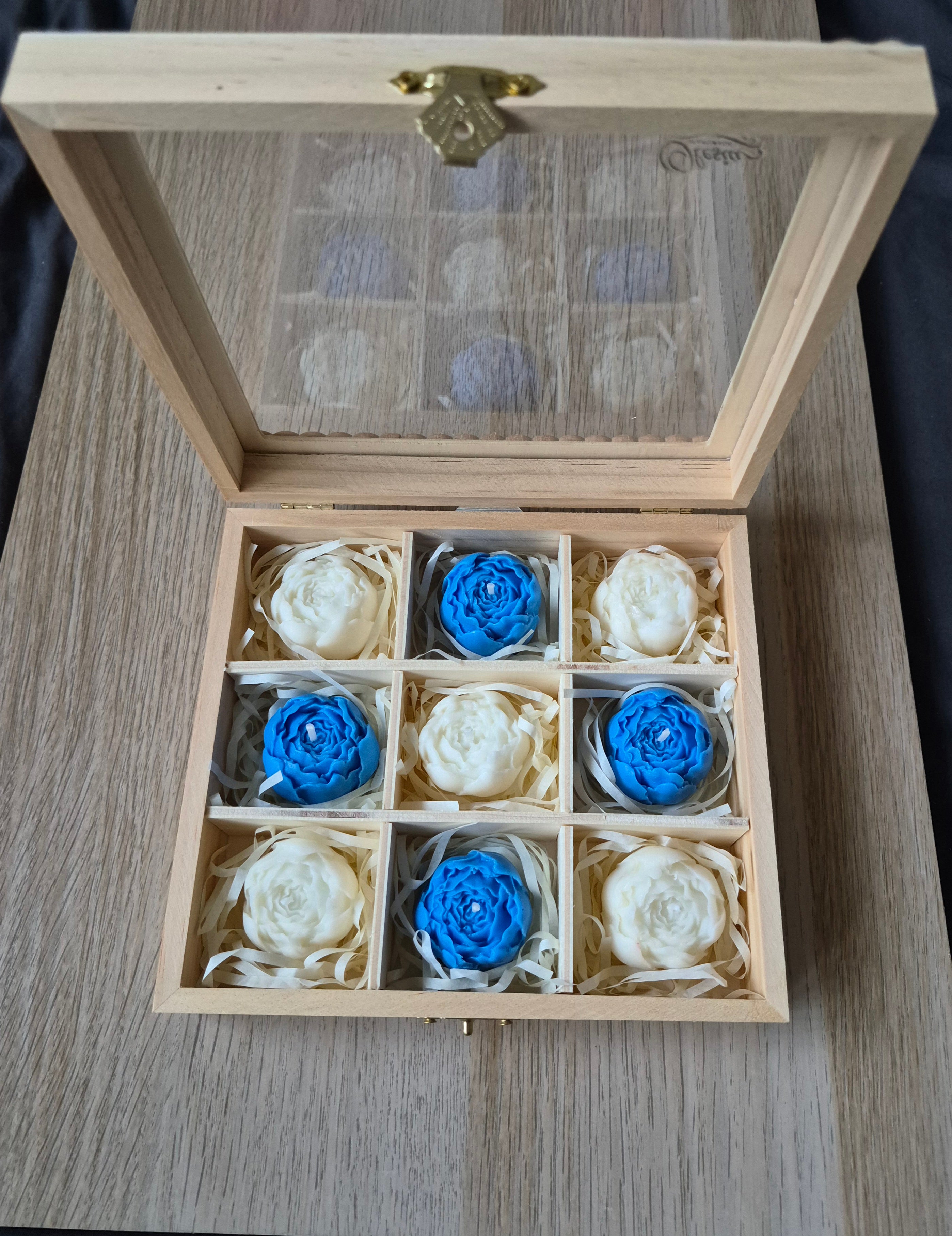 Blue & Ivory Flower Candle Gift Set – 9 Handmade Candles