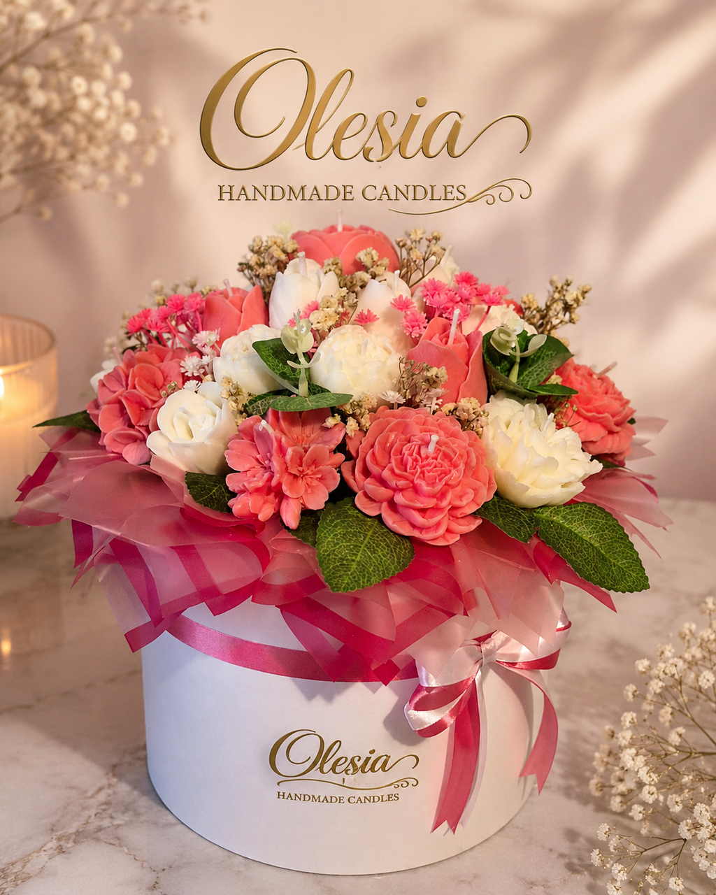 Luxury Candle Flower Bouquet in White Hat Box – Pink & White | Olesia Handmade Candles