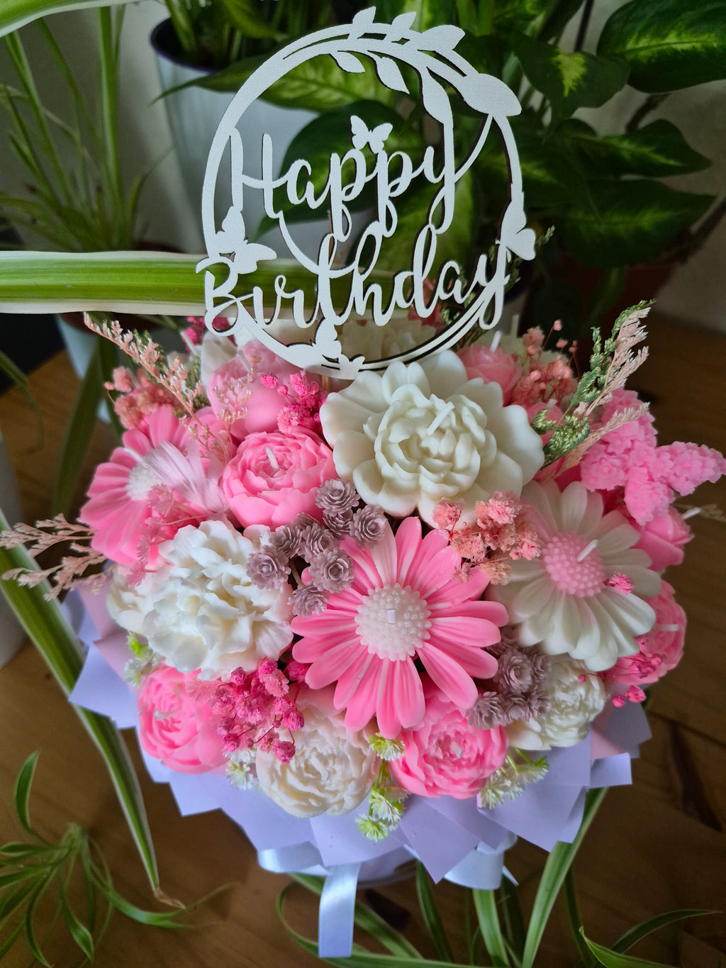Luxury Candle Flower Bouquet in Hat Box – Pink & White | Handmade Gift