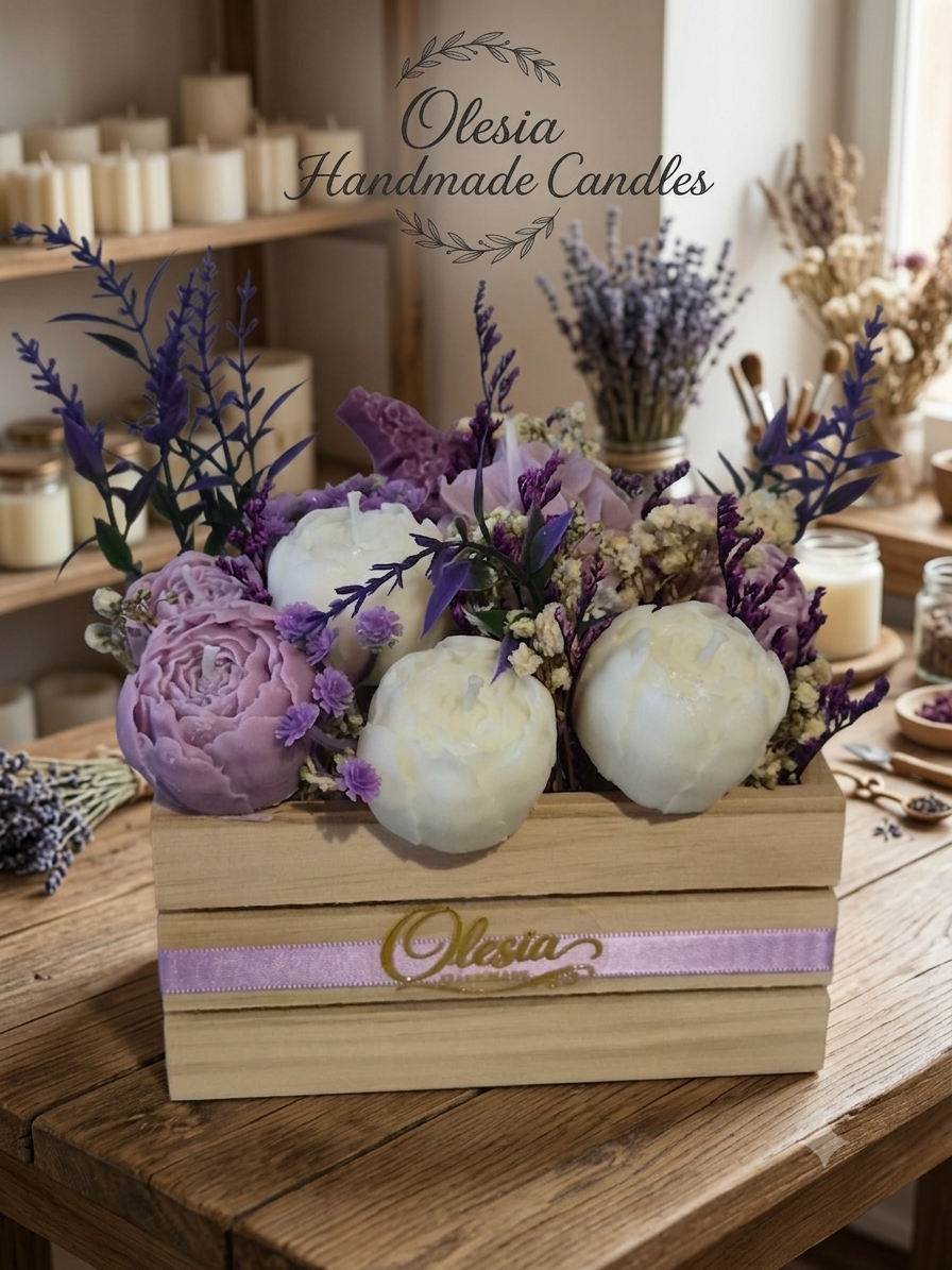 Luxury Peony Candle Bouquet in Wooden Crate – Lavender & White