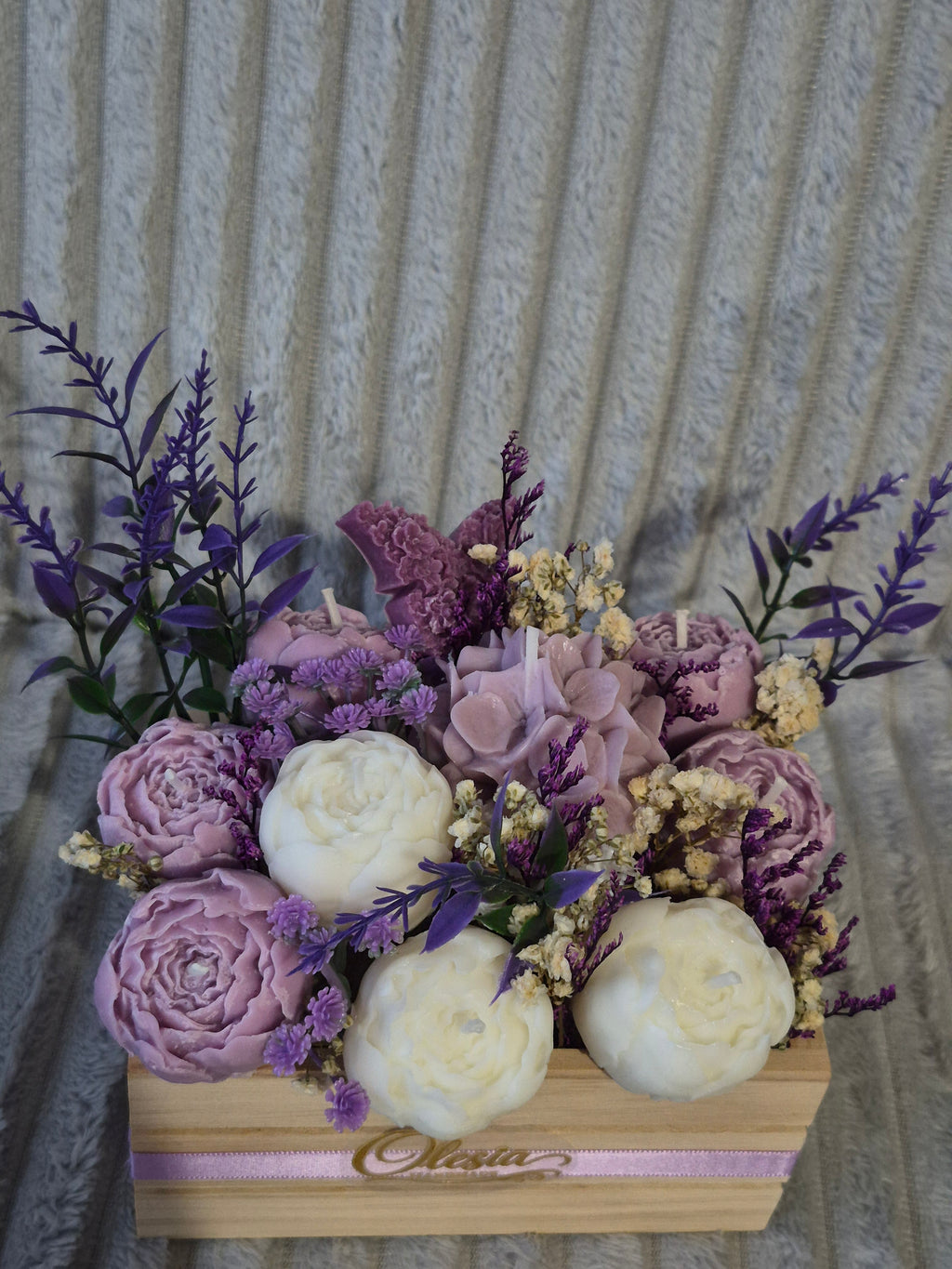 Luxury Peony Candle Bouquet in Wooden Crate – Lavender & White