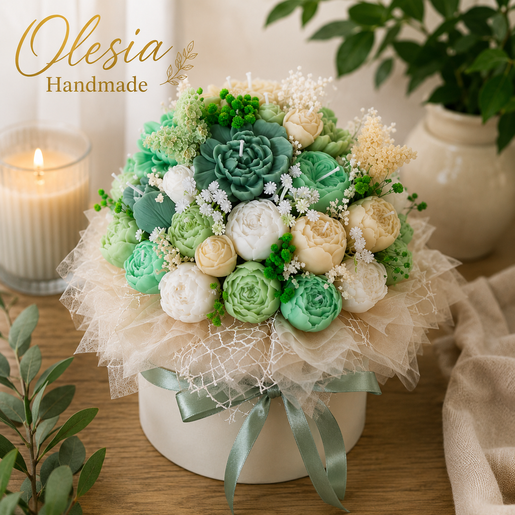 Luxury Green Candle Bouquet – Handmade Floral Gift Box