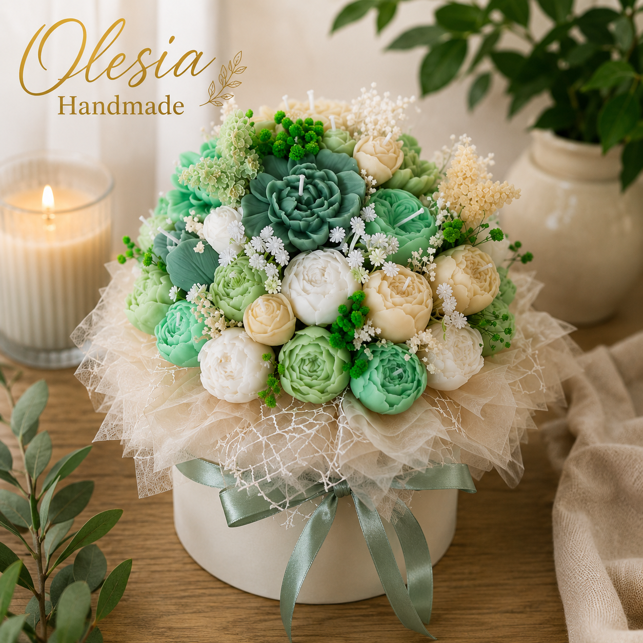 Luxury Green Candle Bouquet – Handmade Floral Gift Box