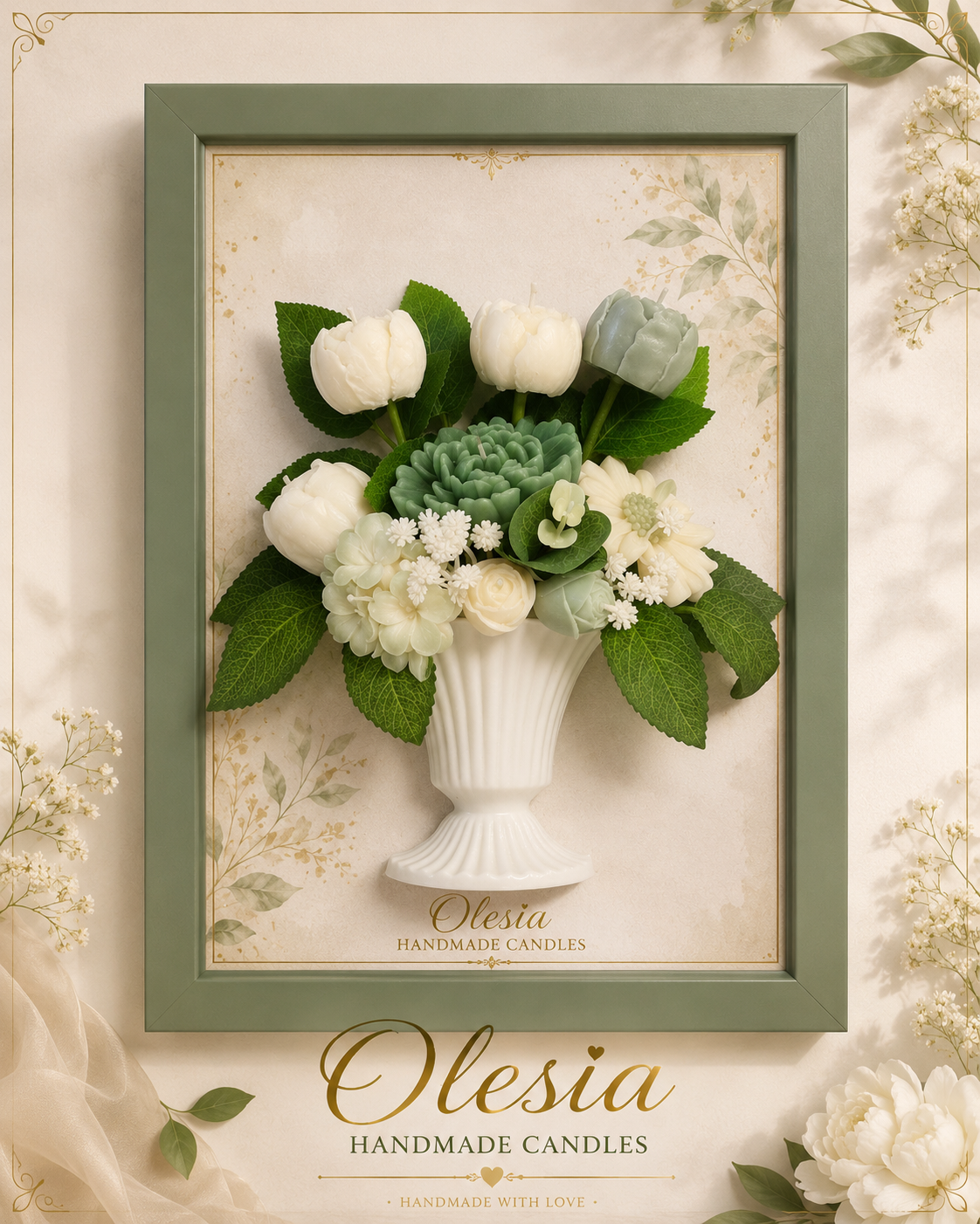 Luxury Handmade Floral Candle Arrangement in Decorative Frame