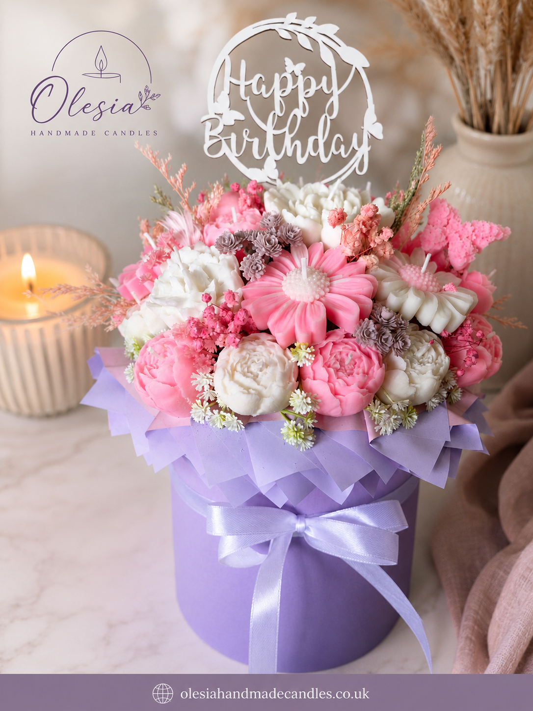Luxury Candle Flower Bouquet in Hat Box – Pink & White | Handmade Gift