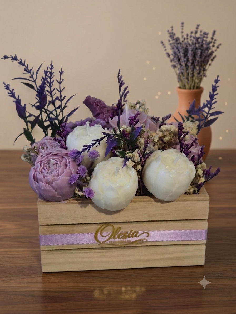 Luxury Peony Candle Bouquet in Wooden Crate – Lavender & White