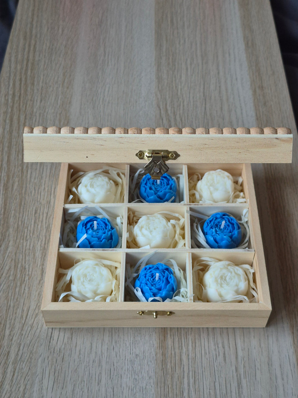 Blue & Ivory Flower Candle Gift Set – 9 Handmade Candles