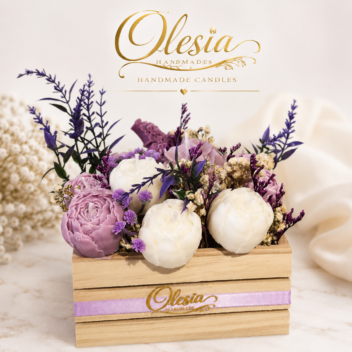 Luxury Peony Candle Bouquet in Wooden Crate – Lavender & White