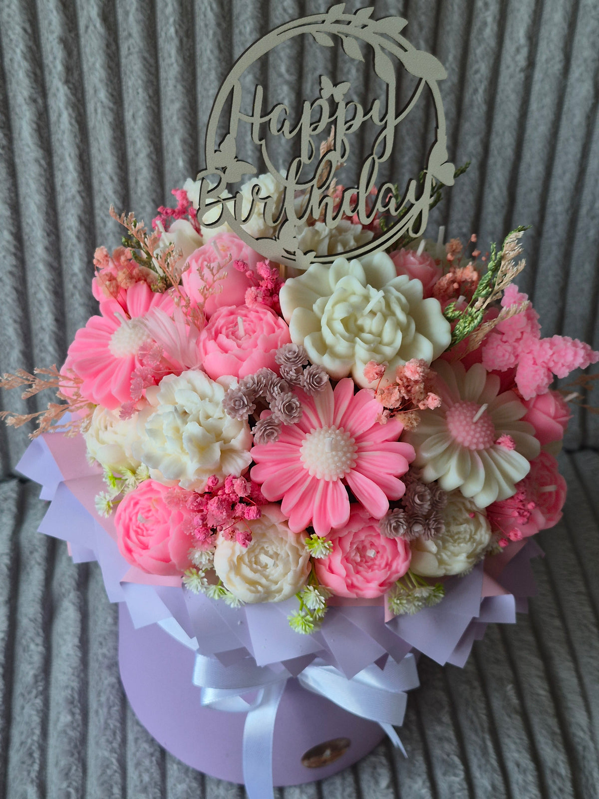 Luxury Candle Flower Bouquet in Hat Box – Pink & White | Handmade Gift